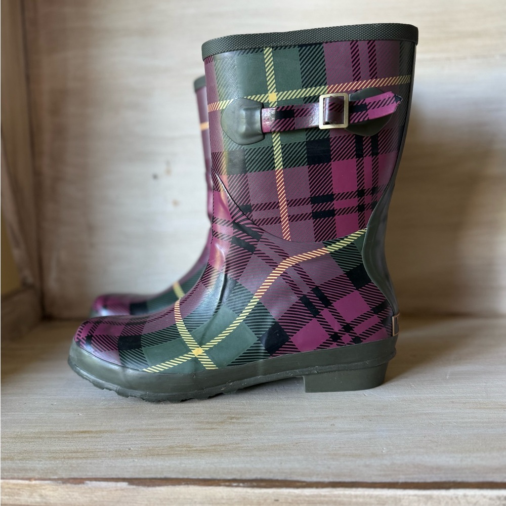 L.L. Bean Wellies MidCalf Rain Boots Womens Size 11 Plaid Rubber Waterproof